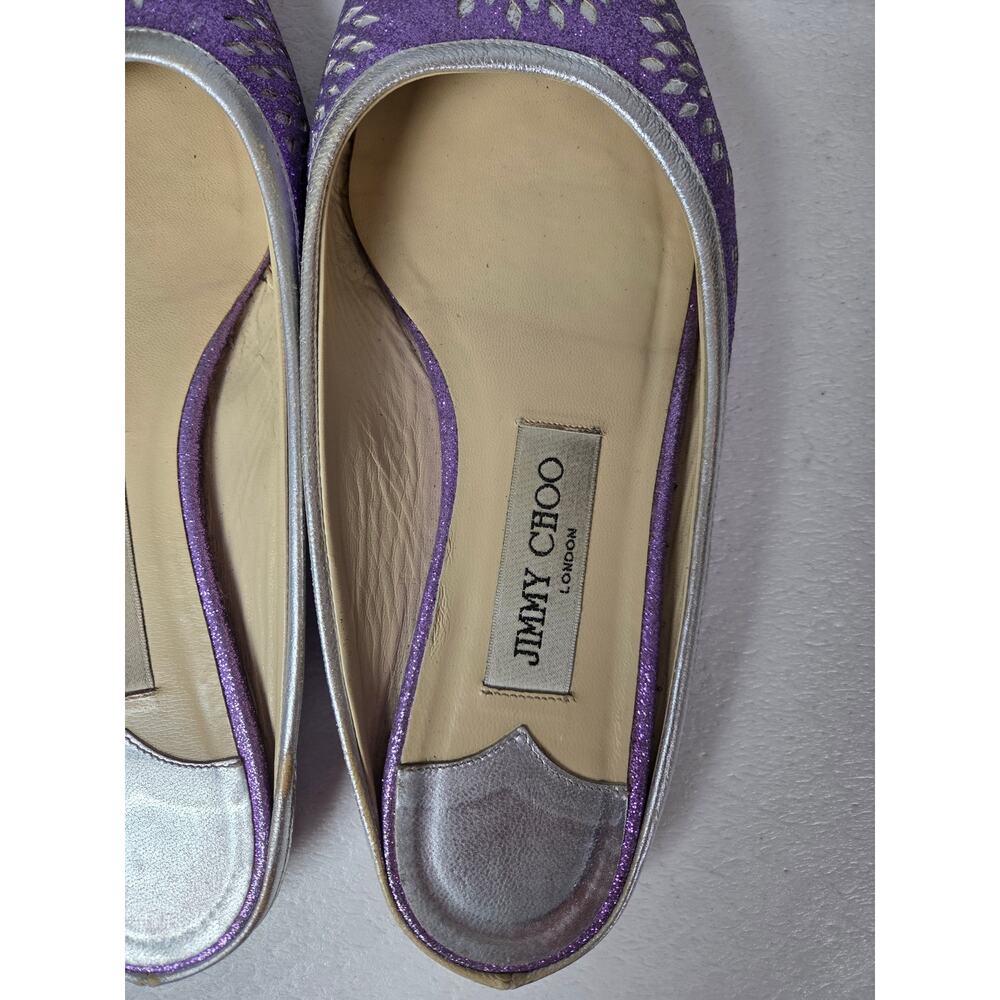 Jimmy Choo Slip On Backless Flats Silver Sparkle Designer 37 1/2 Floral Metalic - Picture 4 of 13